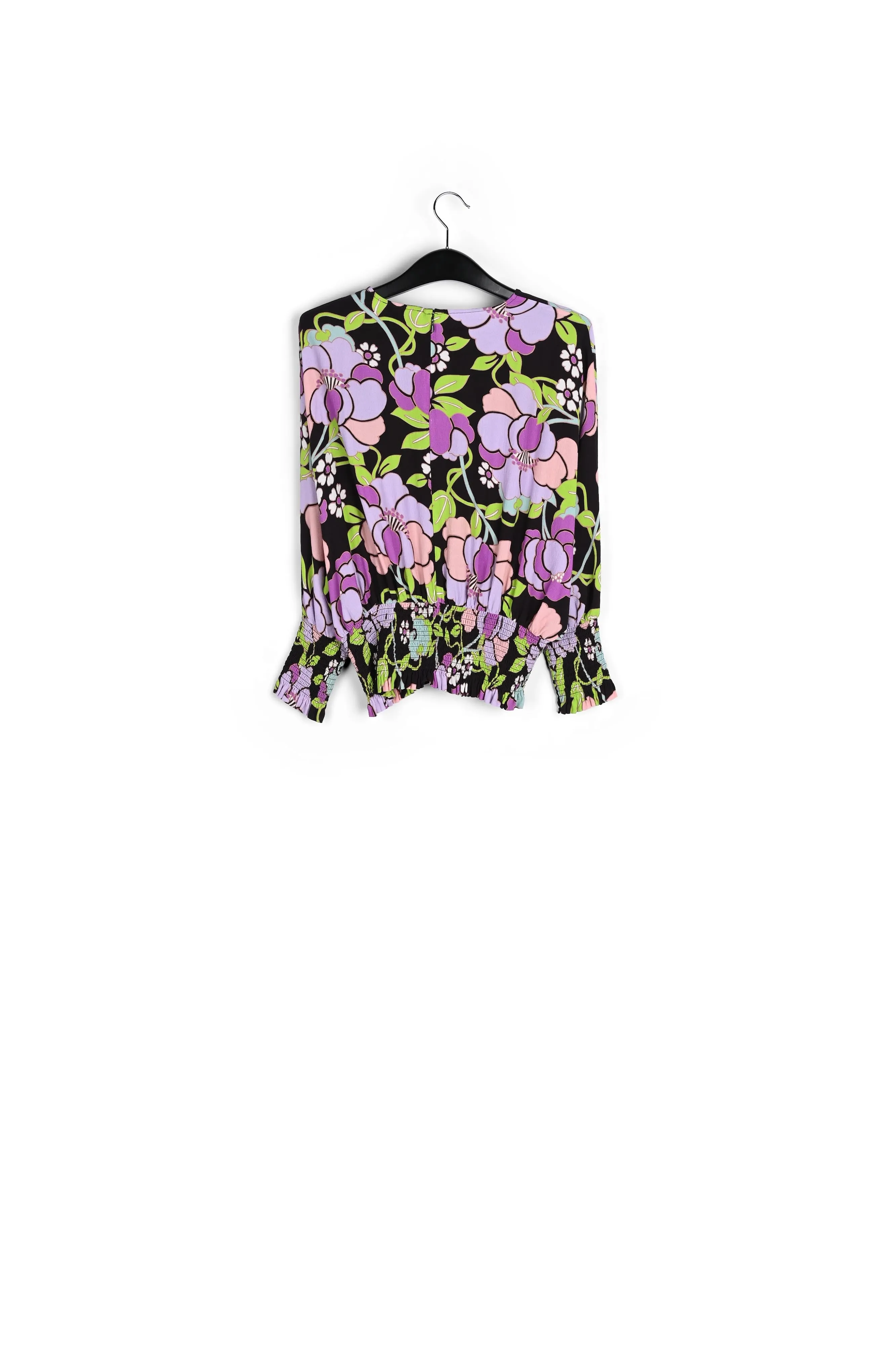 Black smocked top with floral print