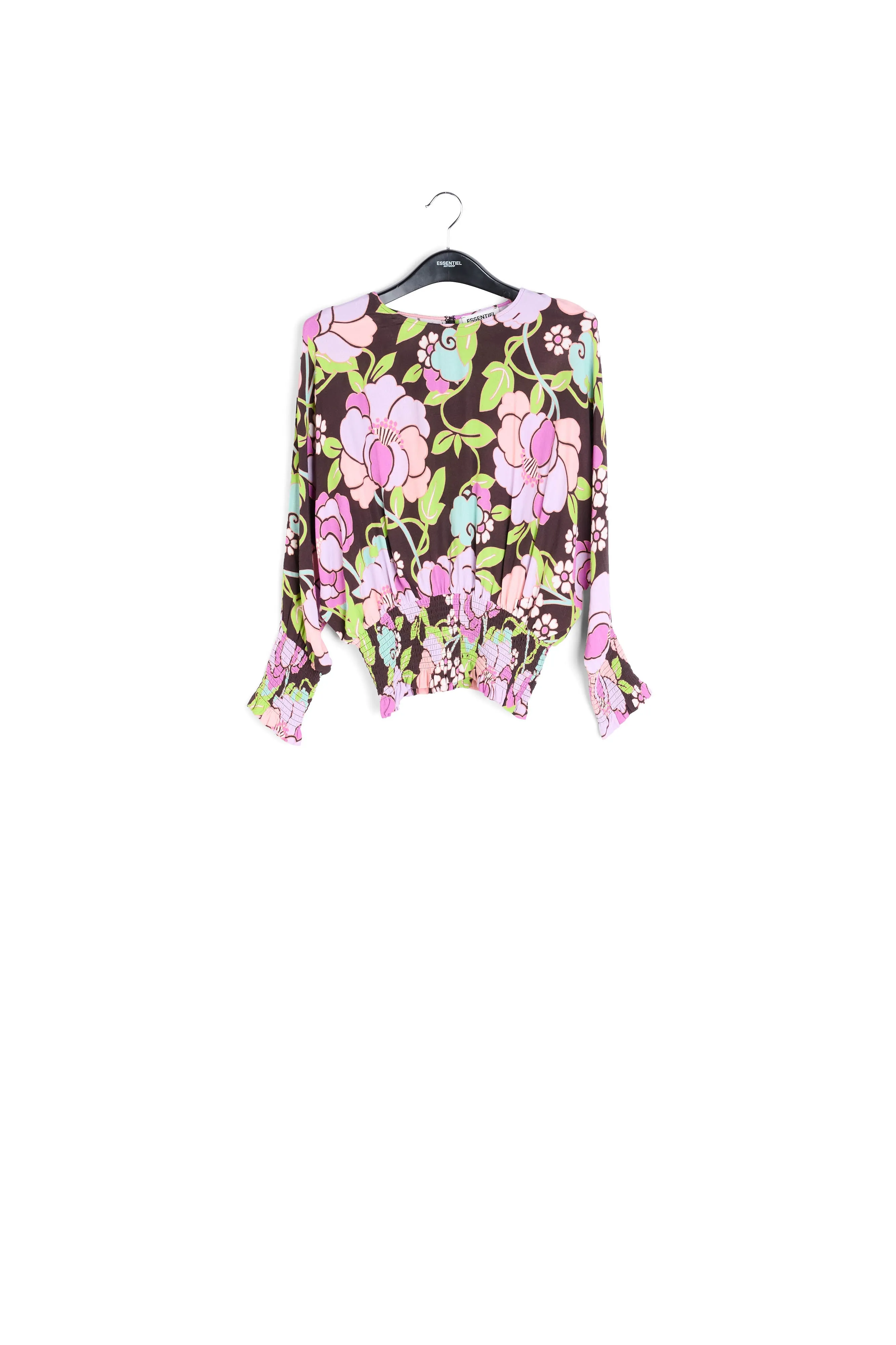 Black smocked top with floral print