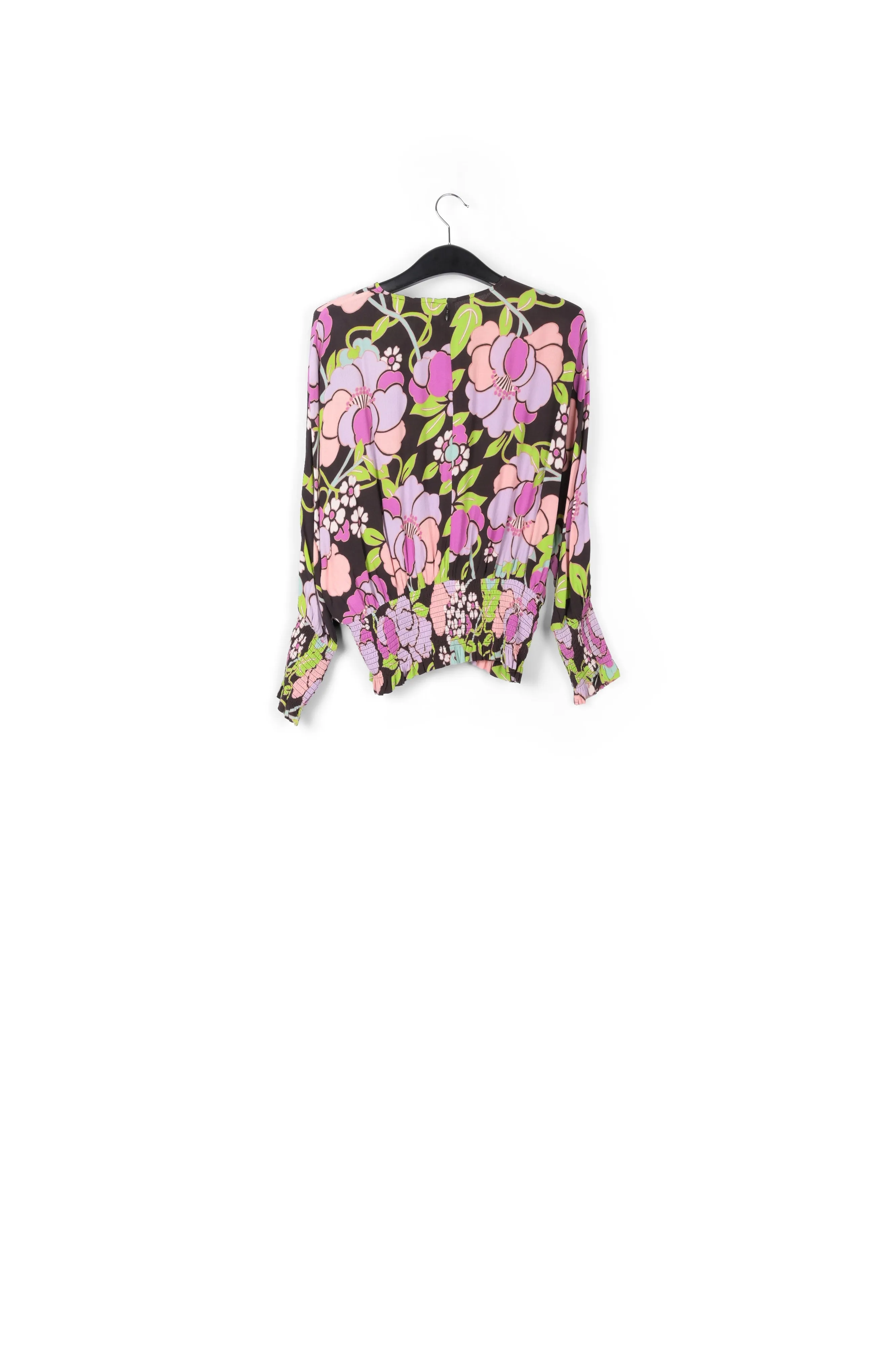 Black smocked top with floral print