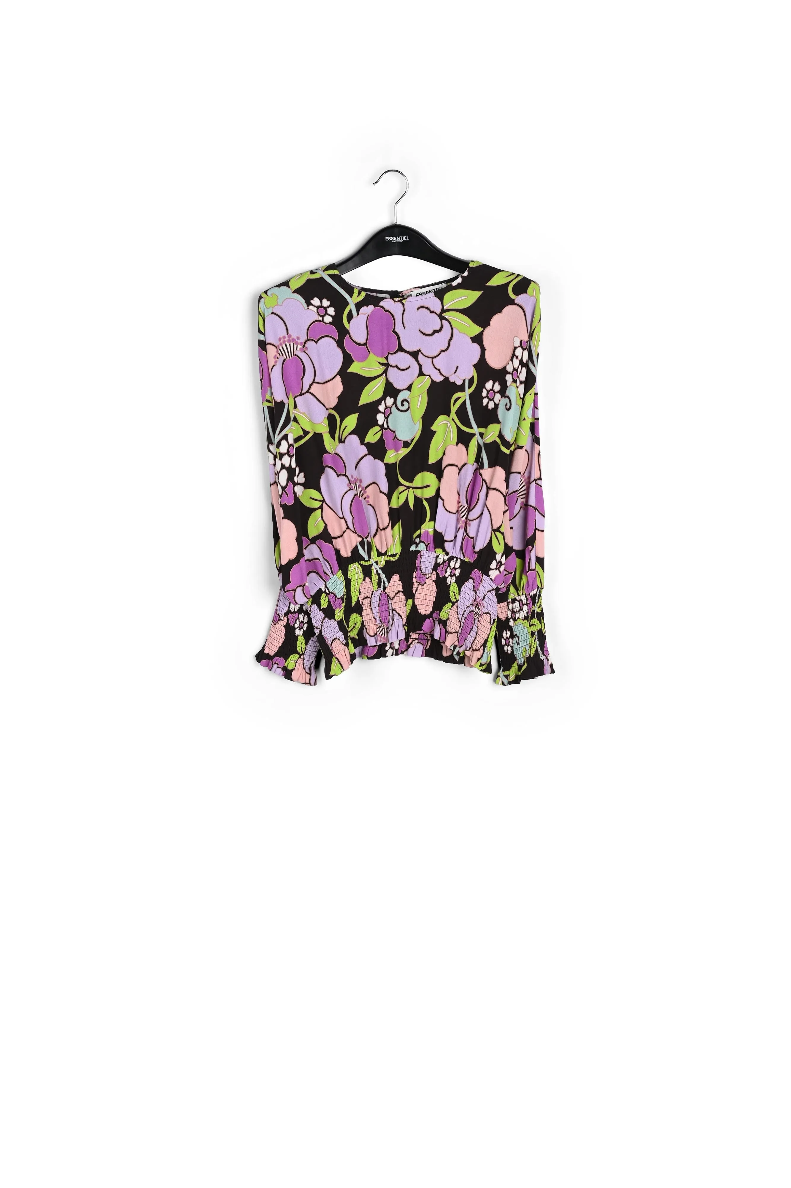 Black smocked top with floral print