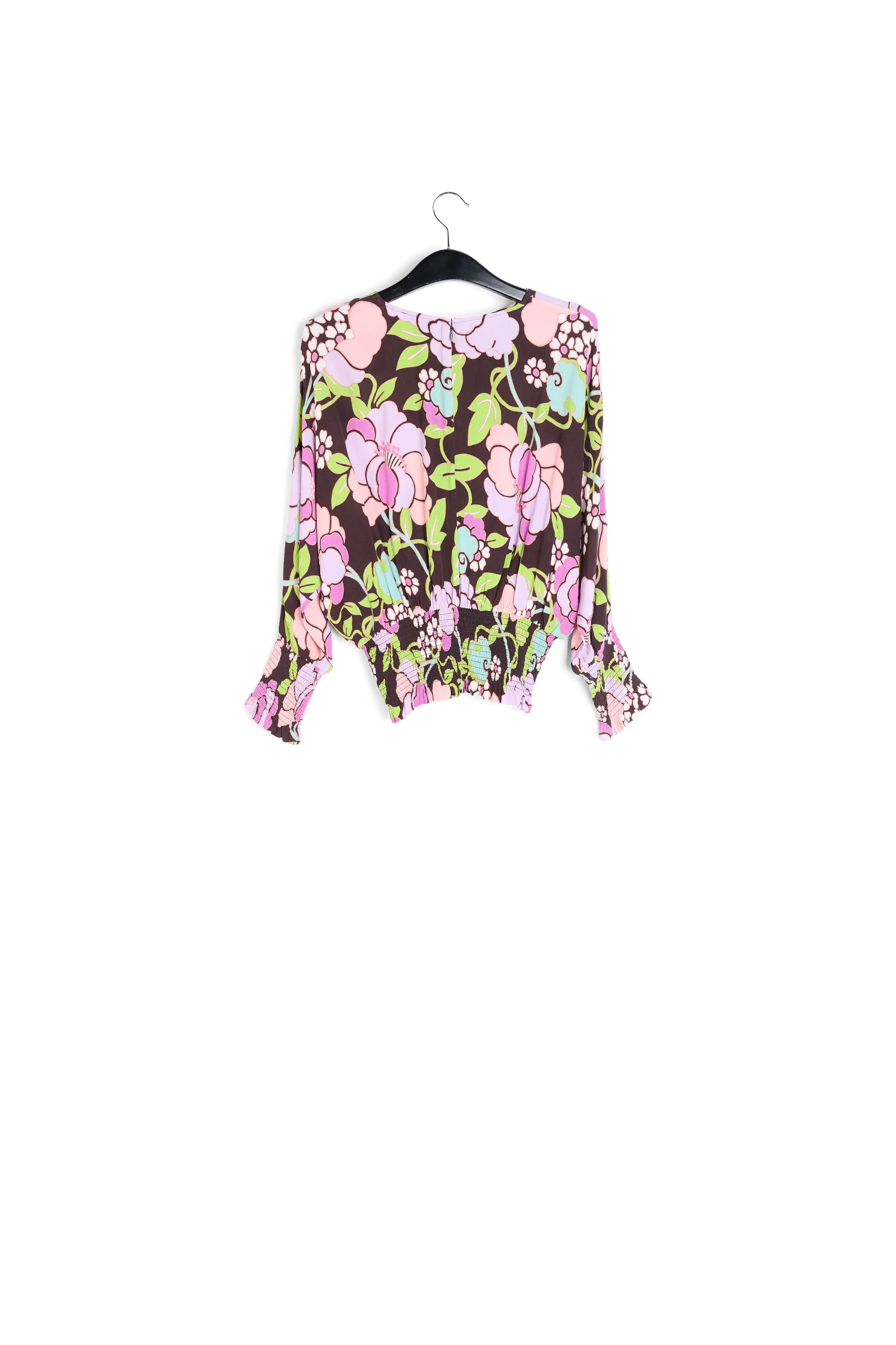 Black smocked top with floral print