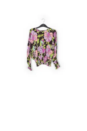 Black smocked top with floral print