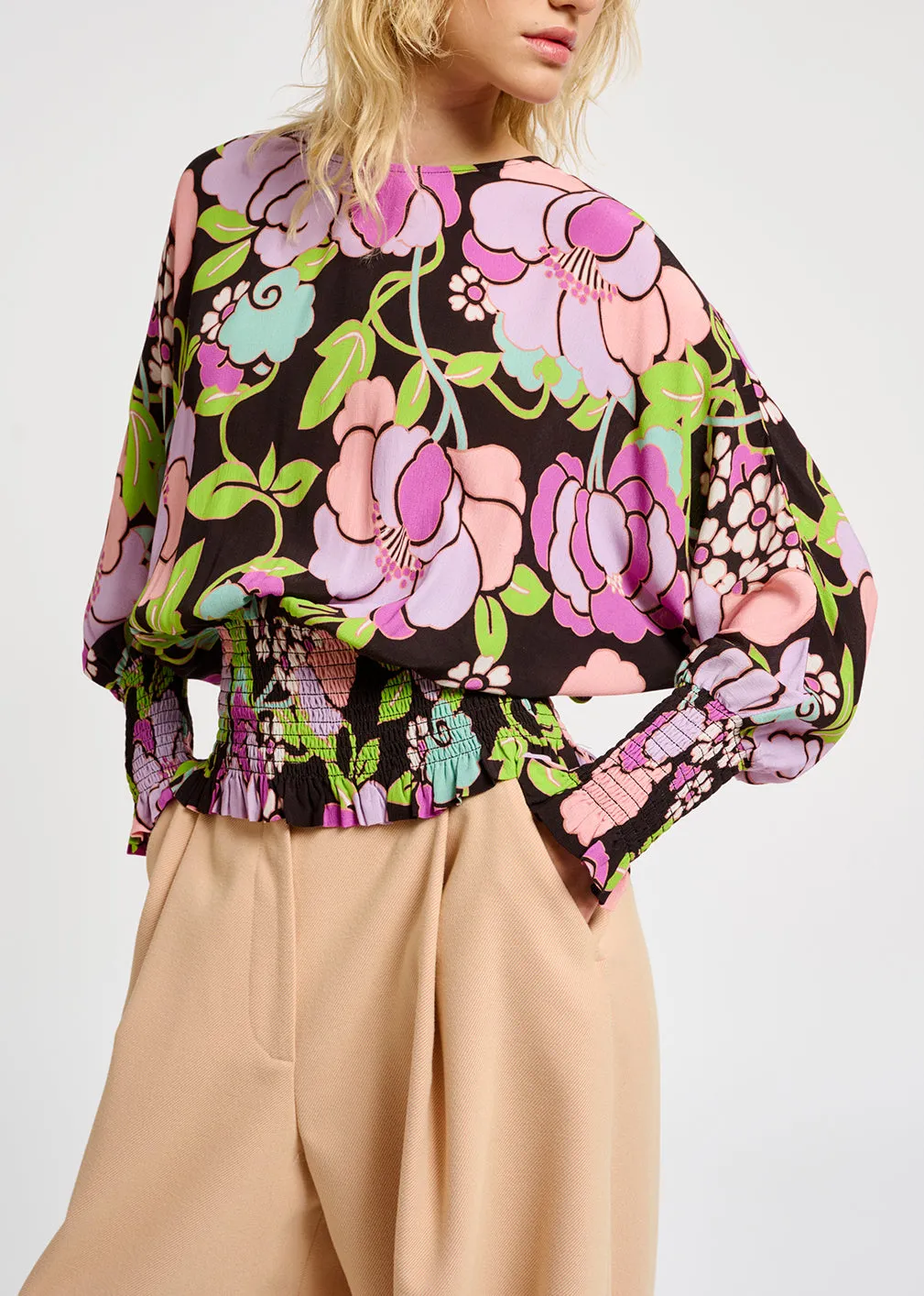 Black smocked top with floral print