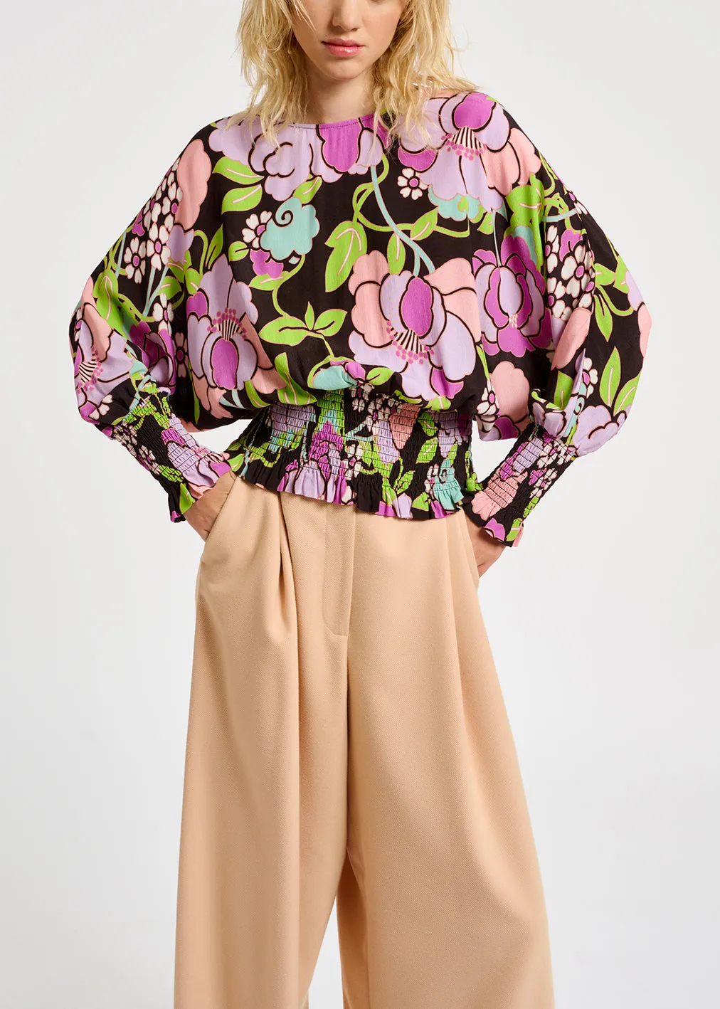 Black smocked top with floral print