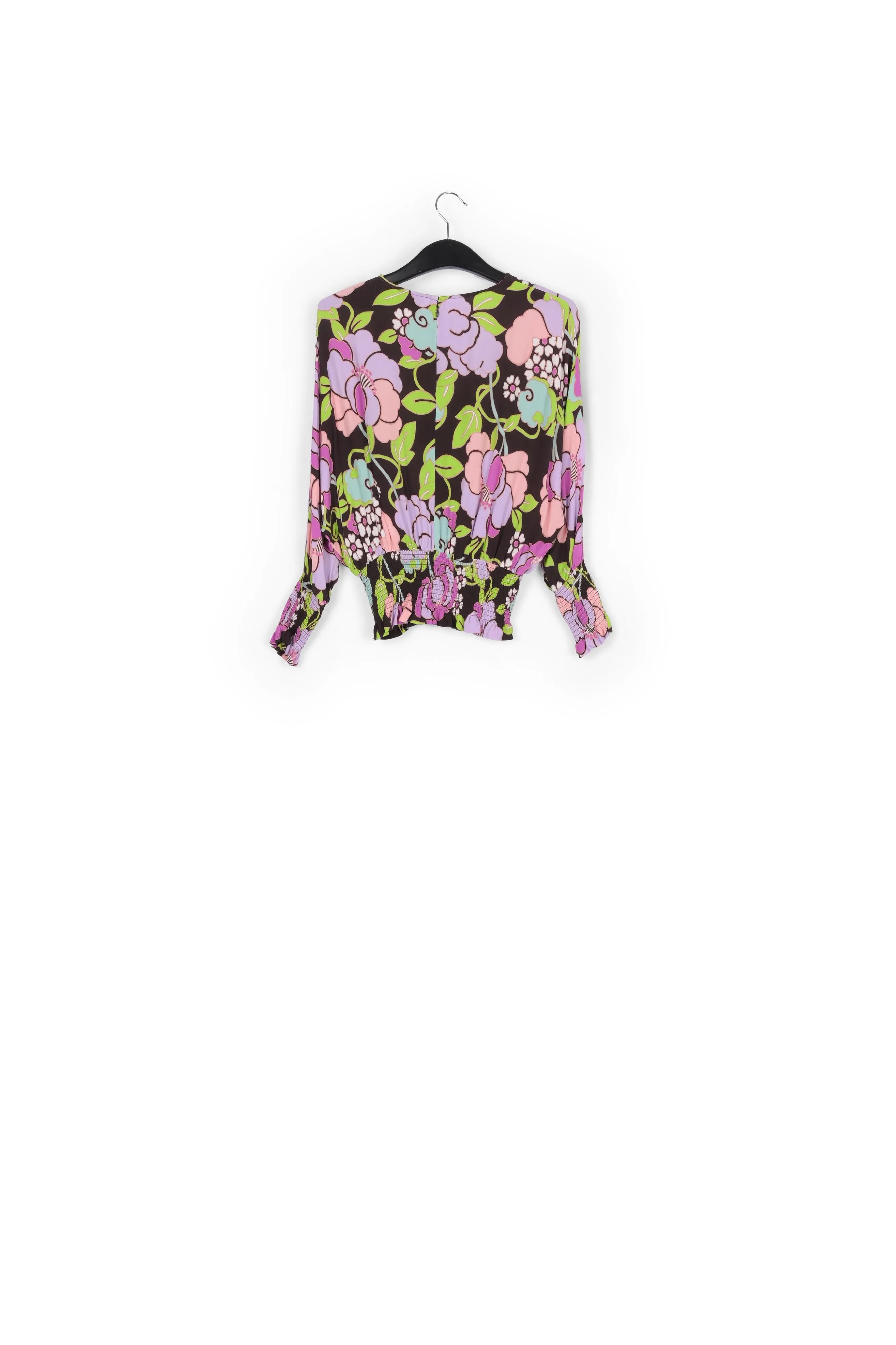 Black smocked top with floral print