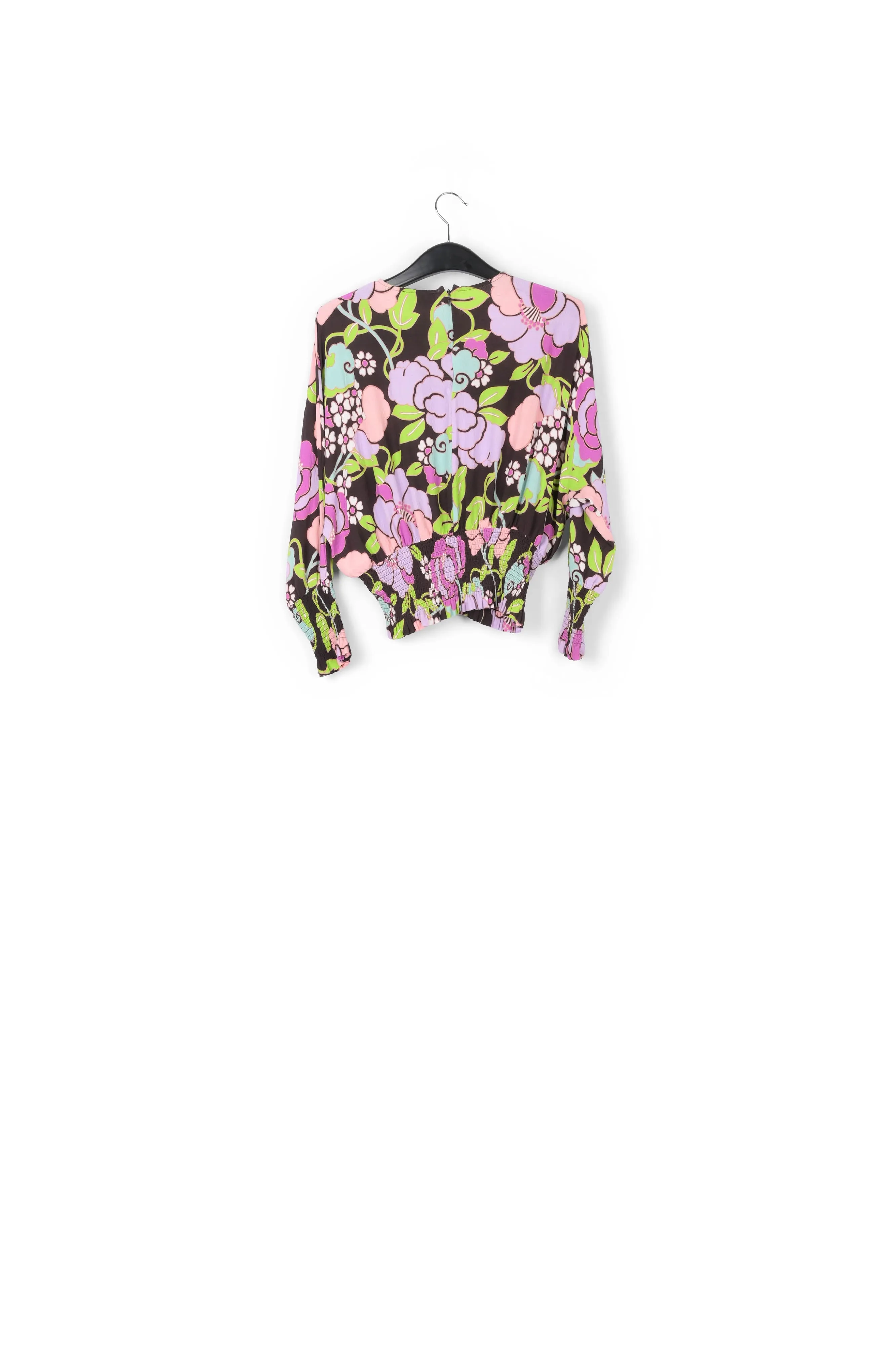 Black smocked top with floral print