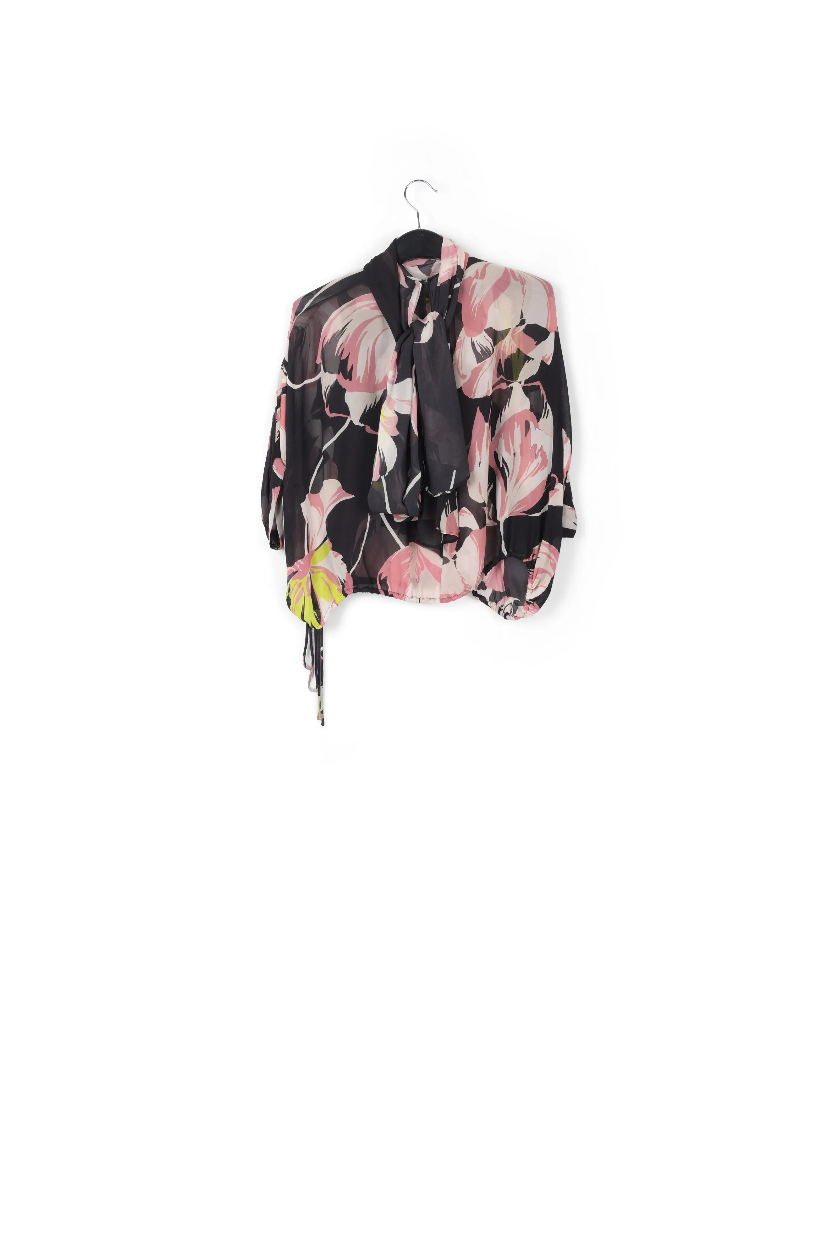 Black voluminous floral-print sheer top