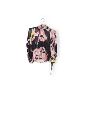 Black voluminous floral-print sheer top