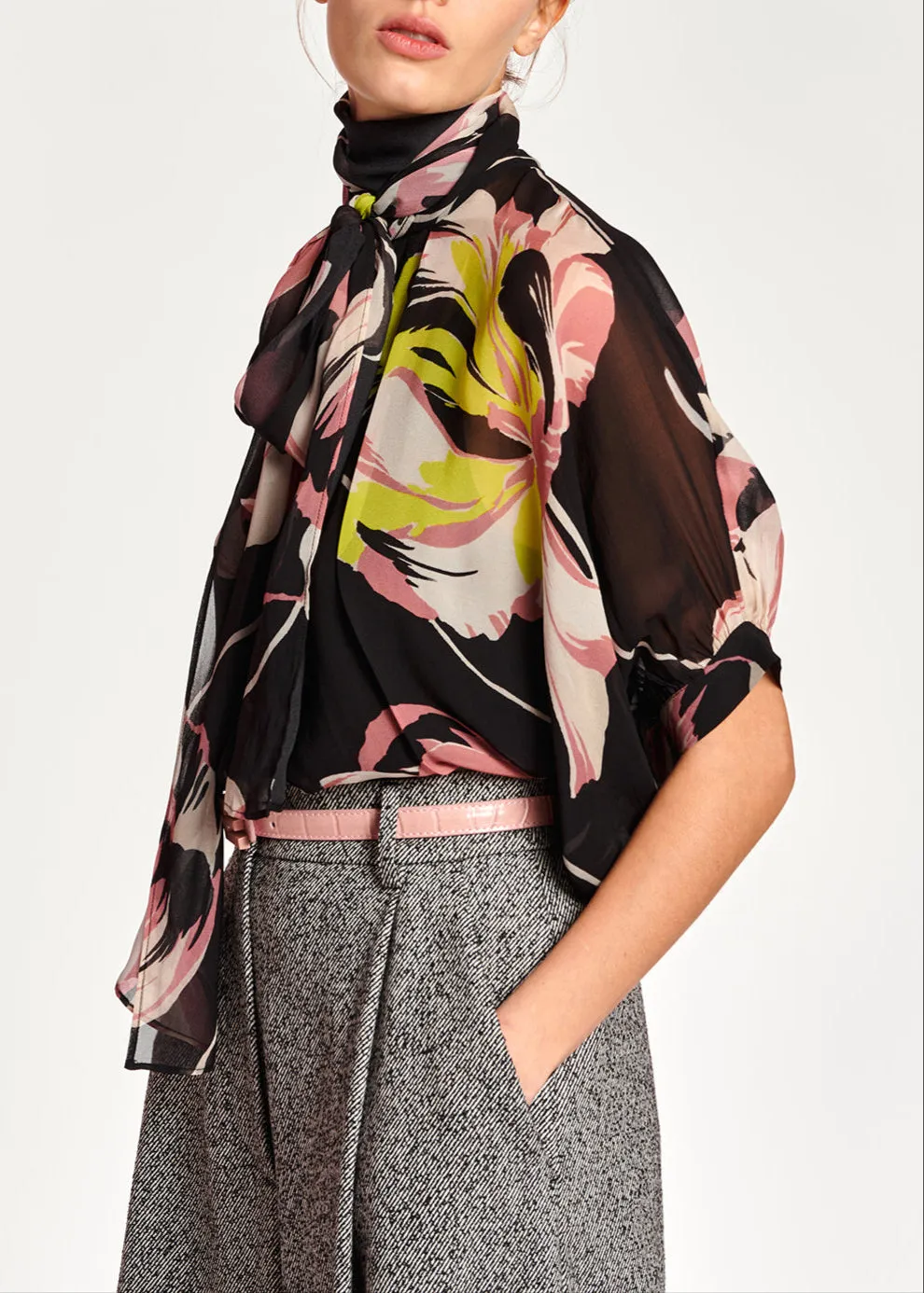 Black voluminous floral-print sheer top