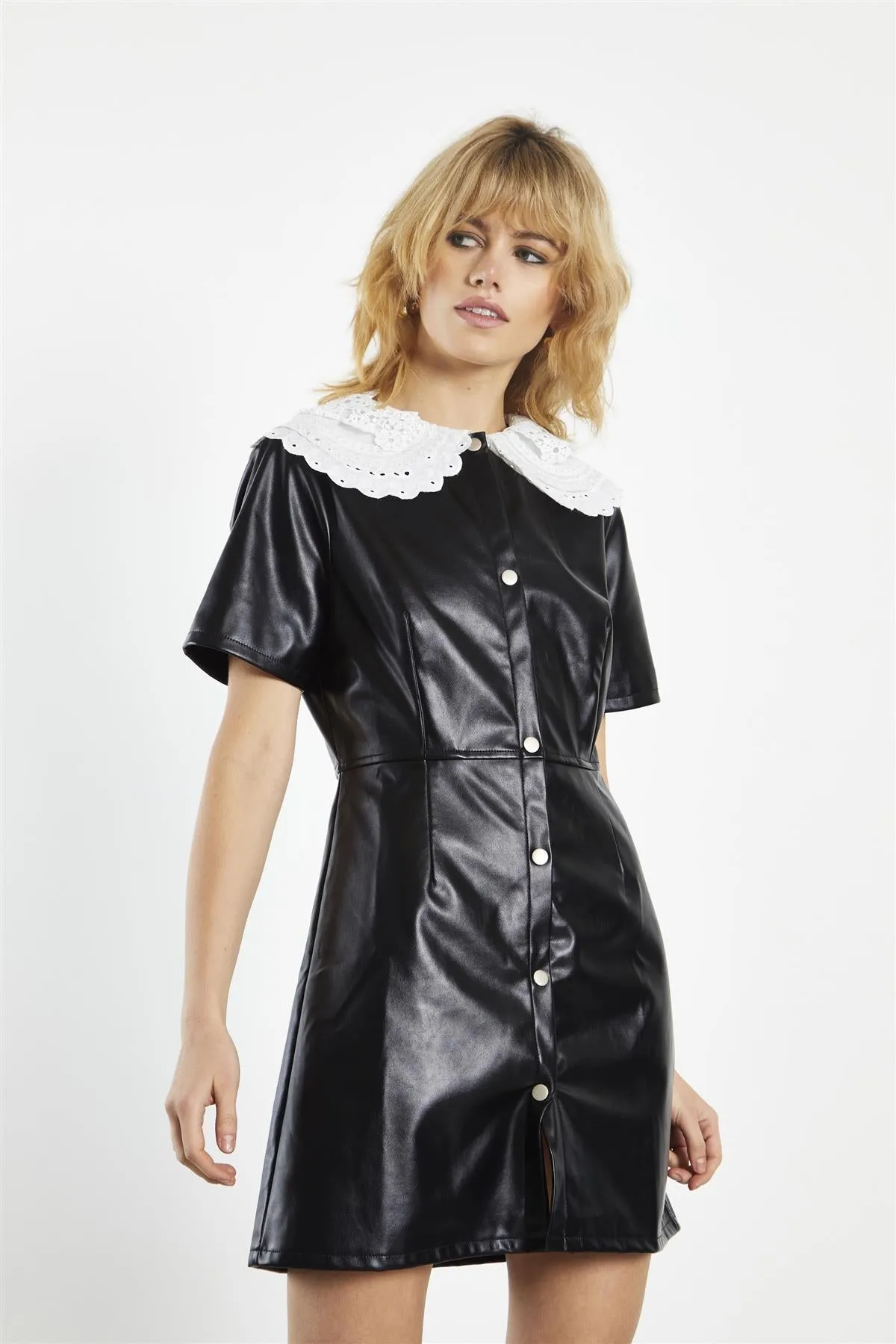Black-White Collared  A-Line Mini-Dress