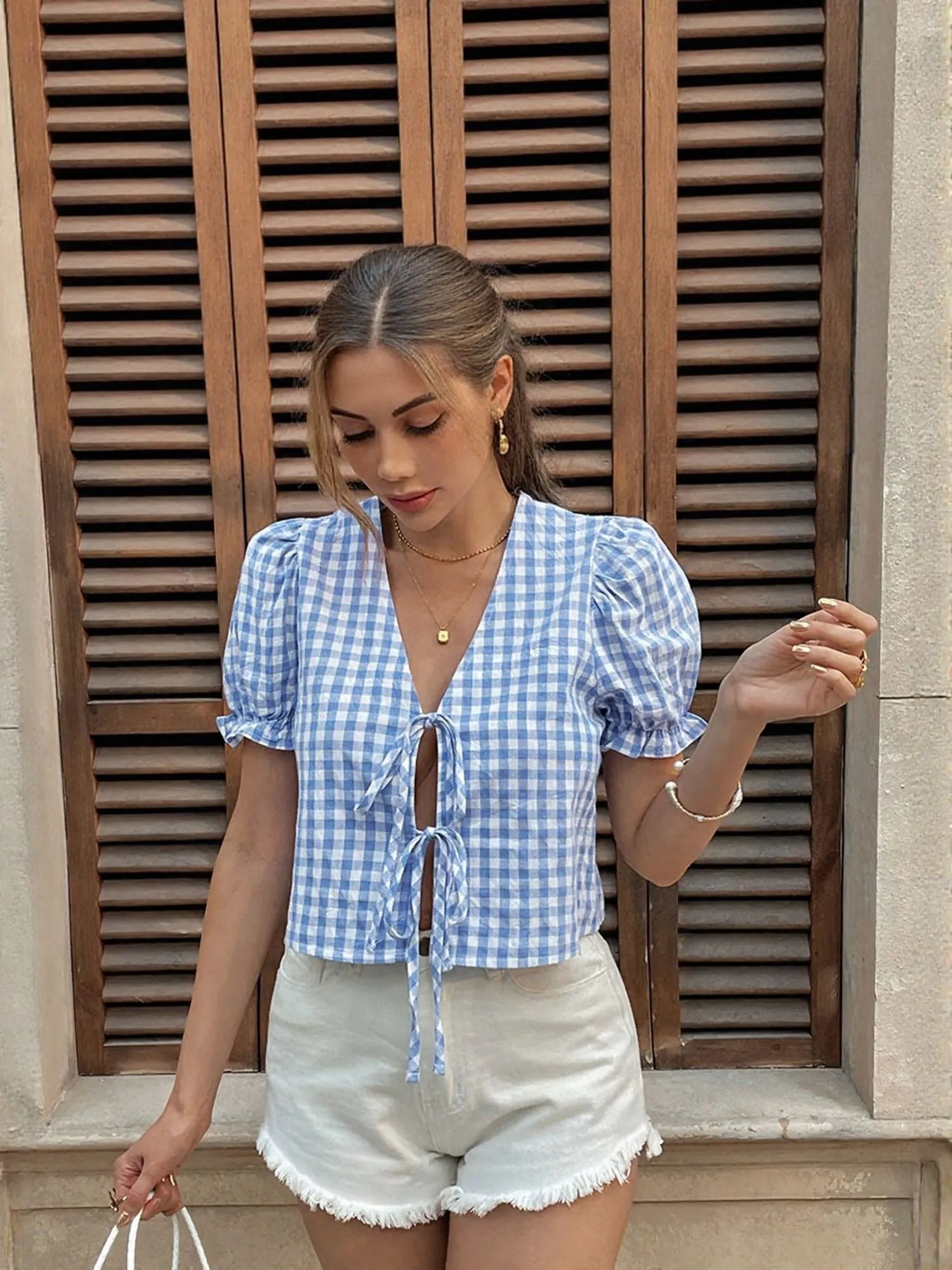 Blue Checks Bow Tie Up Top