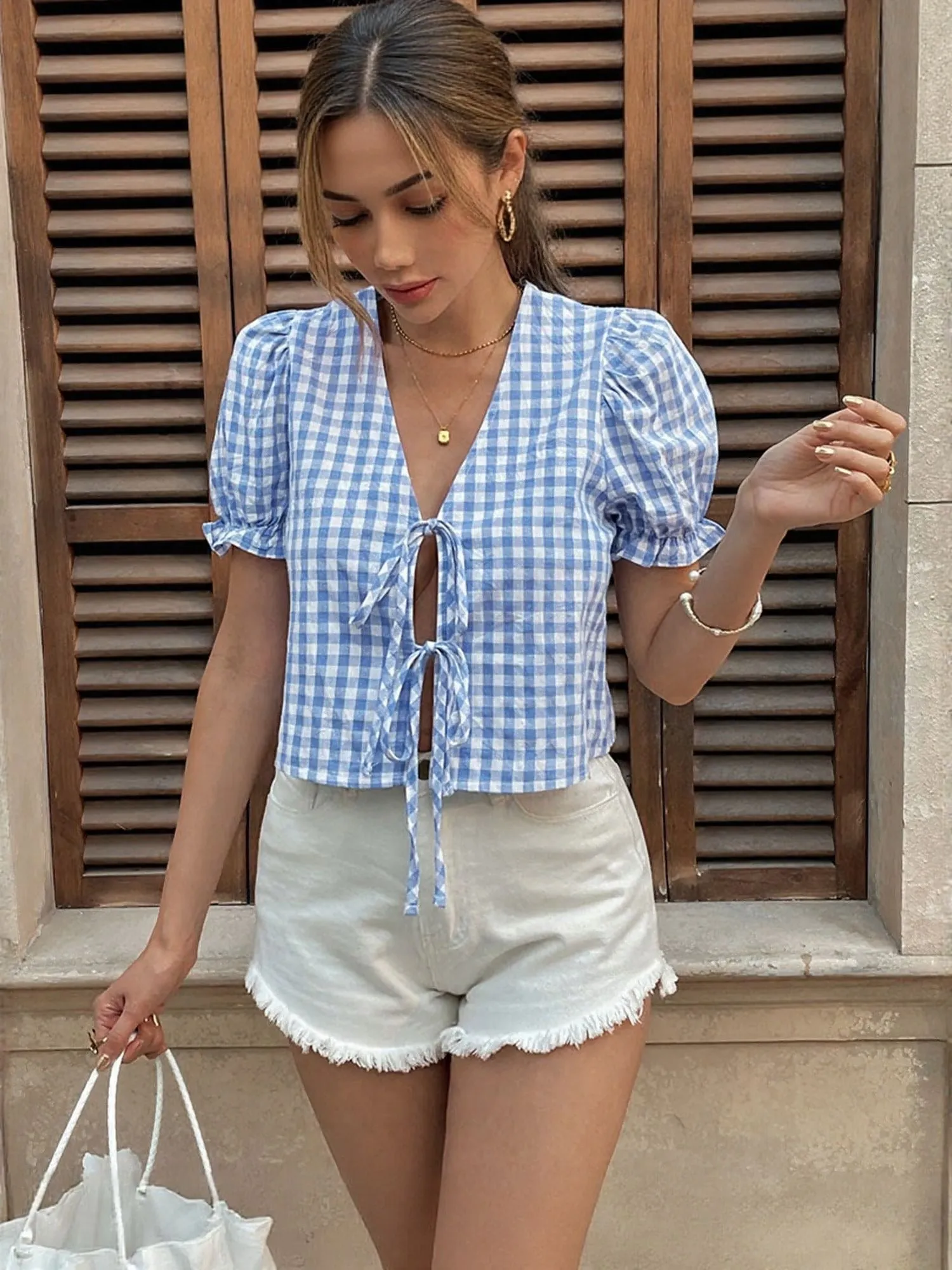 Blue Checks Bow Tie Up Top