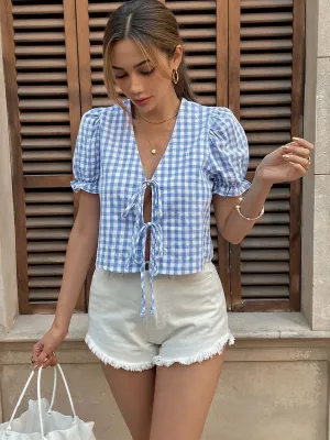 Blue Checks Bow Tie Up Top