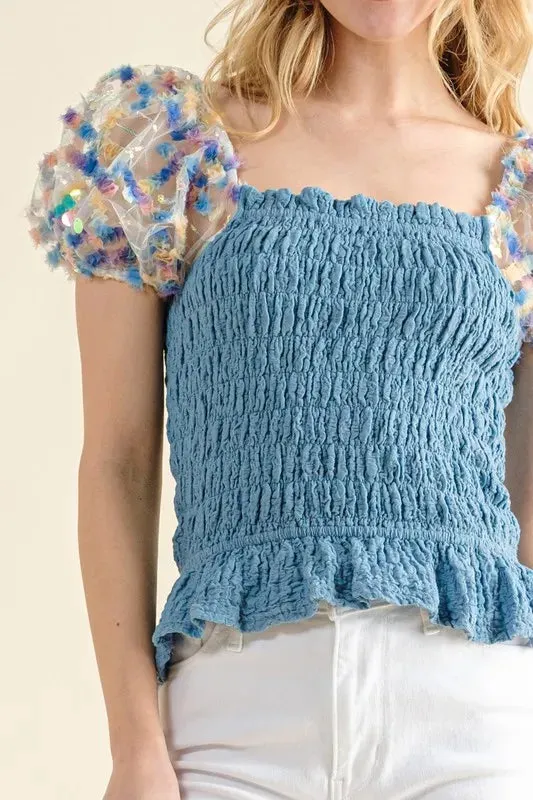 Blue Ready for Springtime Smocked Top