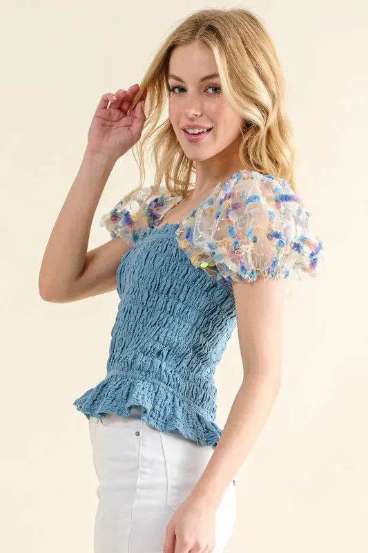 Blue Ready for Springtime Smocked Top