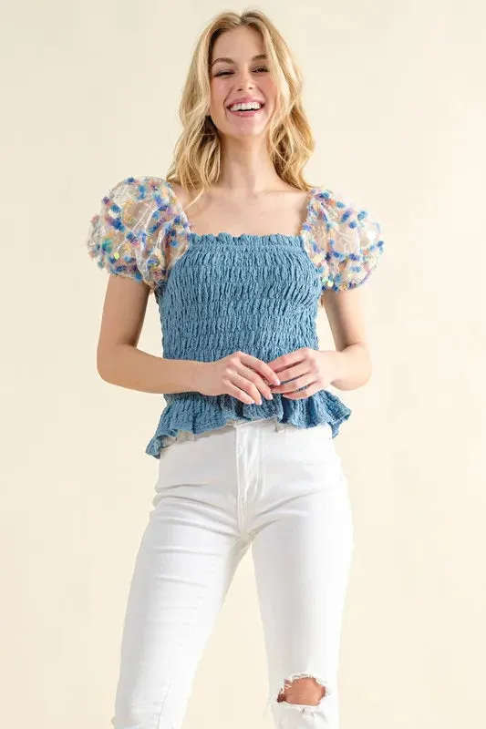 Blue Ready for Springtime Smocked Top