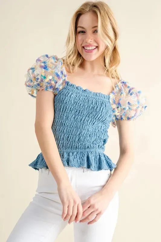 Blue Ready for Springtime Smocked Top