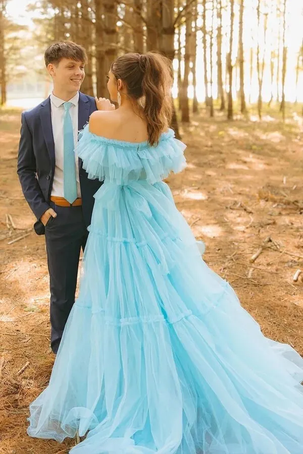 Blue Tulle A-line Ruffles Off Shoulder Long Prom Dresses, Party Dress, MP1002