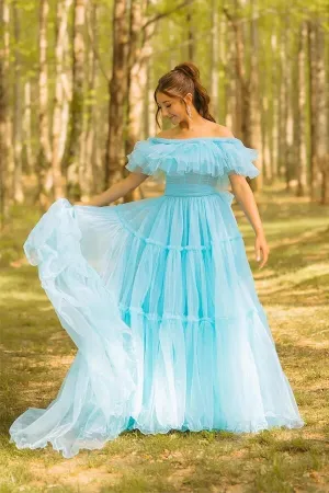 Blue Tulle A-line Ruffles Off Shoulder Long Prom Dresses, Party Dress, MP1002