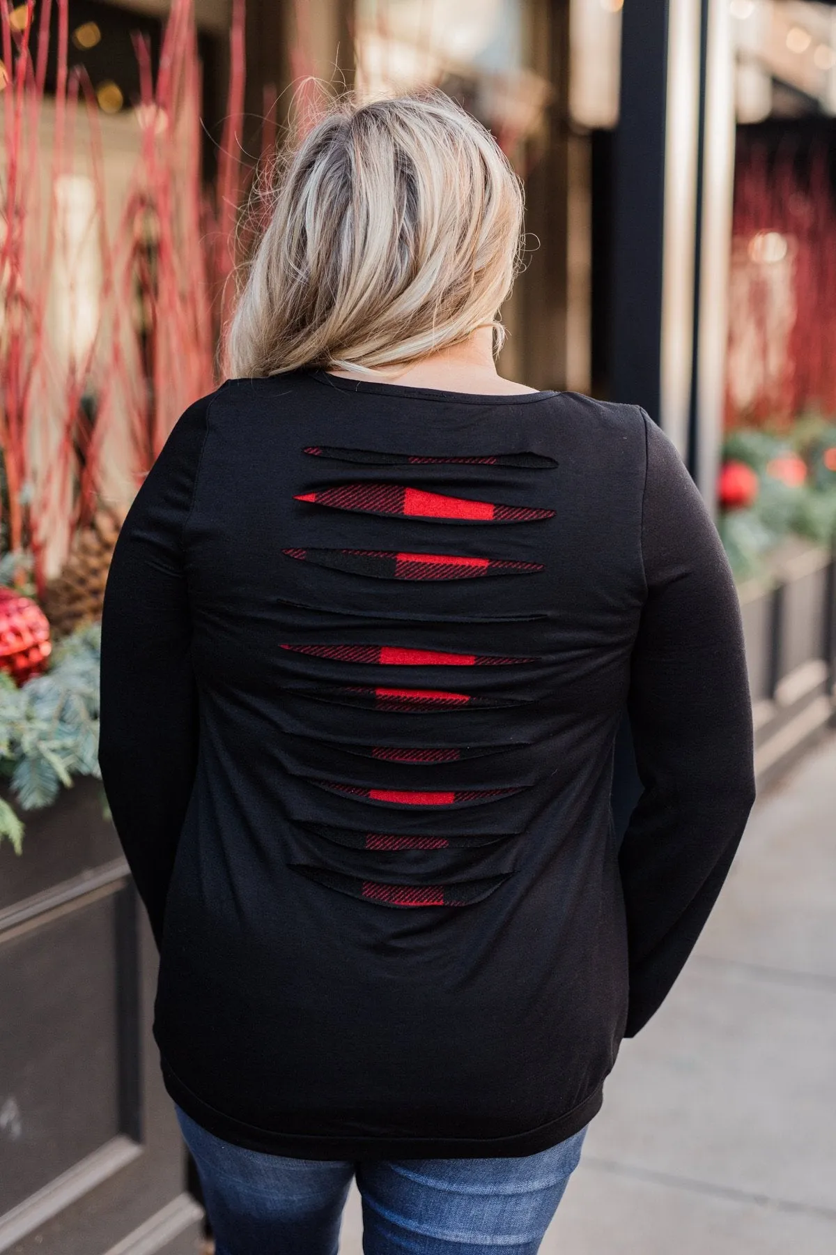 Buffalo Plaid Peek-a-Boo Top- Black