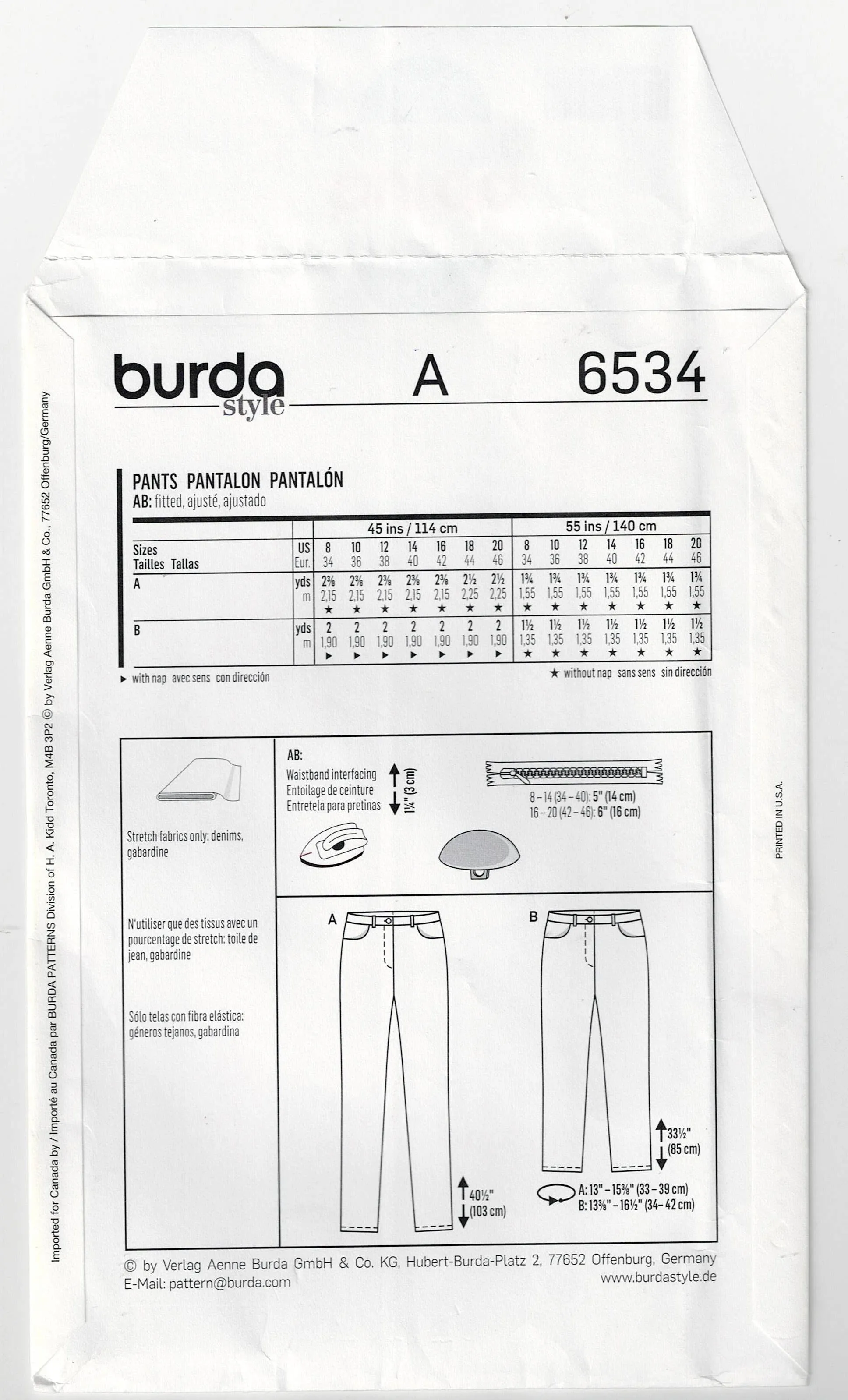 Burda Style 6534 Womens Low Rise Skinny Jeans Out Of Print Sewing Pattern Sizes 8 - 20 UNCUT Factory Folded
