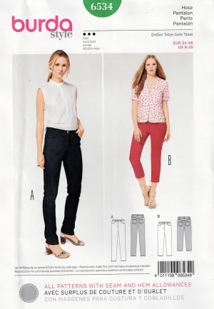 Burda Style 6534 Womens Low Rise Skinny Jeans Out Of Print Sewing Pattern Sizes 8 - 20 UNCUT Factory Folded