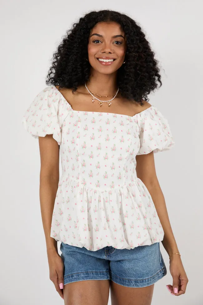Burst Your Bubble Ivory and Pink Basque Waist Bubble Hem Floral Blouse