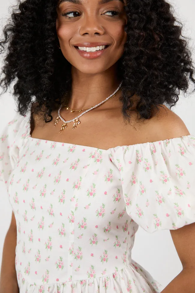Burst Your Bubble Ivory and Pink Basque Waist Bubble Hem Floral Blouse
