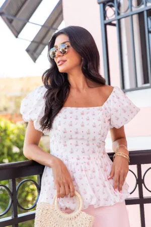 Burst Your Bubble Ivory and Pink Basque Waist Bubble Hem Floral Blouse