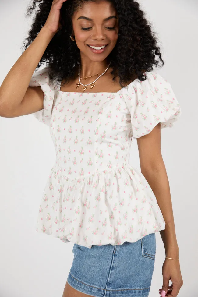 Burst Your Bubble Ivory and Pink Basque Waist Bubble Hem Floral Blouse