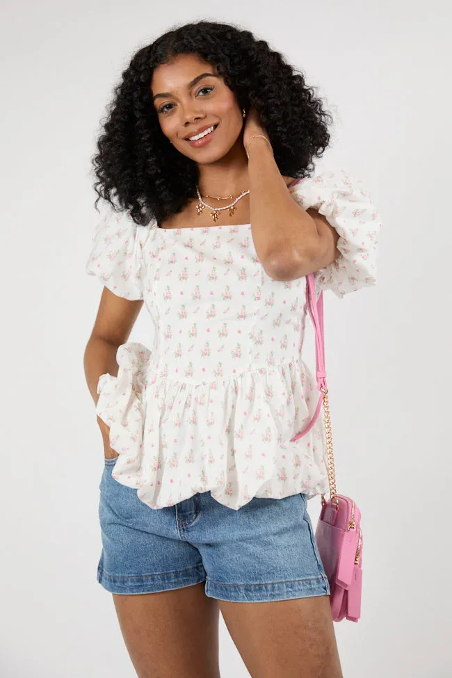 Burst Your Bubble Ivory and Pink Basque Waist Bubble Hem Floral Blouse