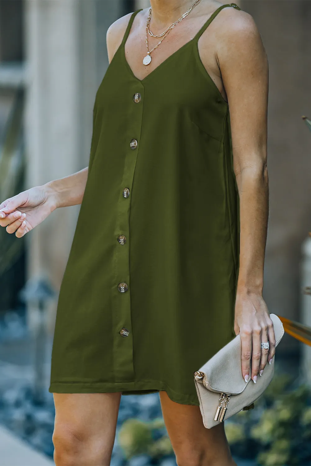 Button-Down Mini Slip Dress with Spaghetti Straps