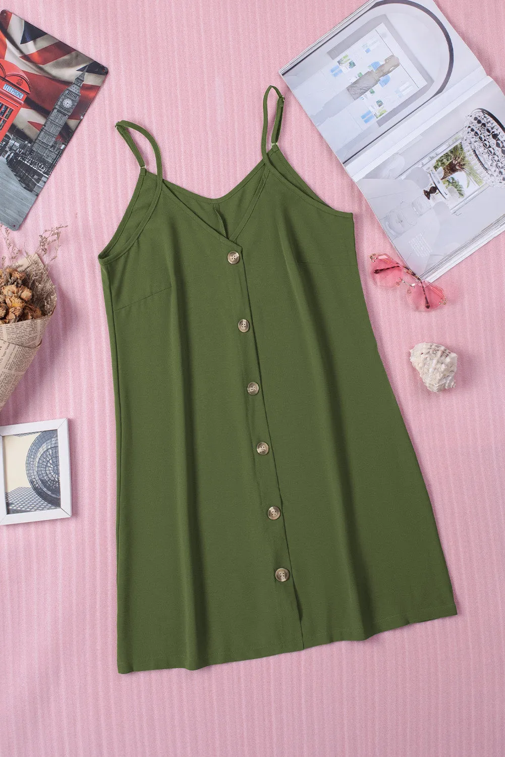 Button-Down Mini Slip Dress with Spaghetti Straps