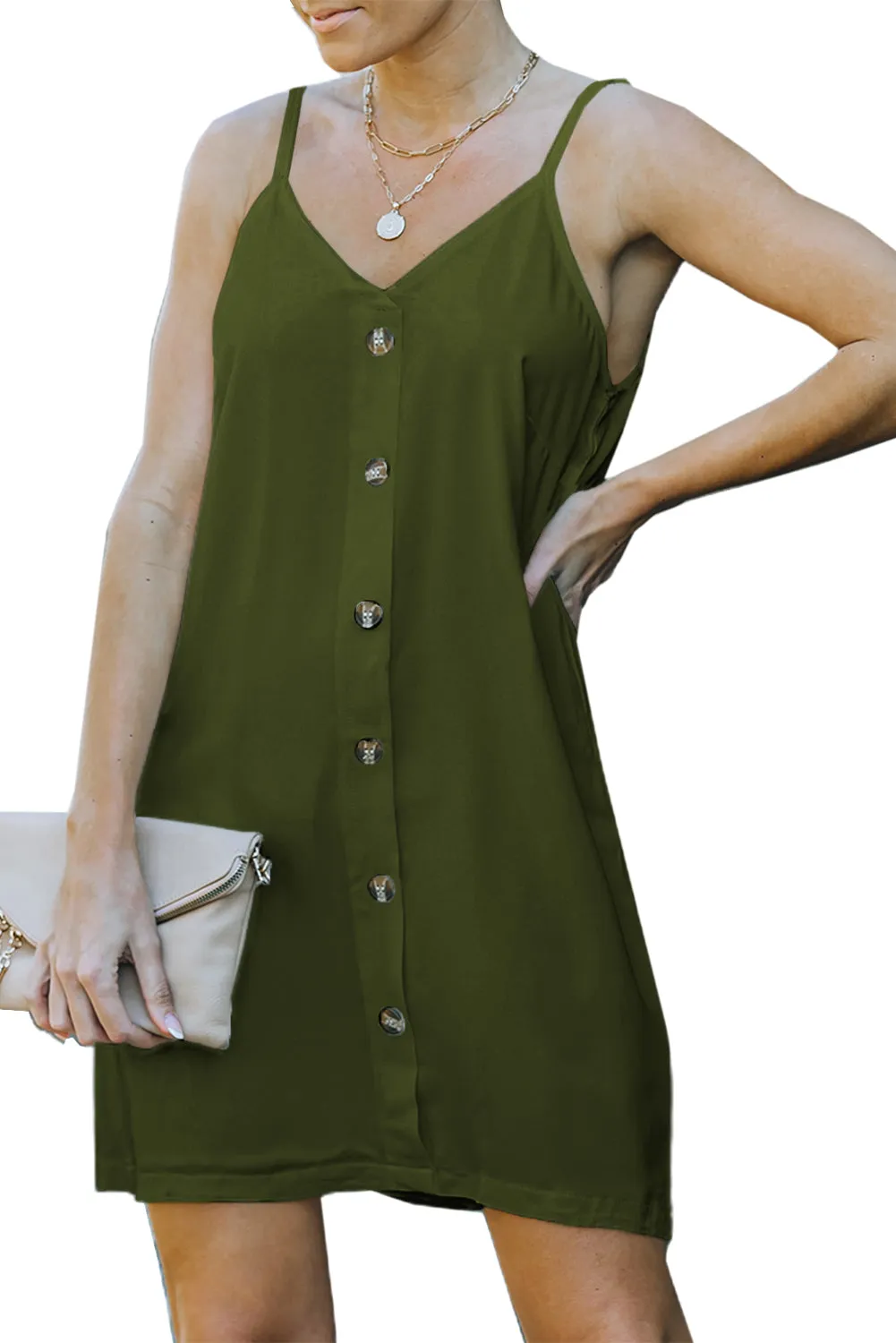 Button-Down Mini Slip Dress with Spaghetti Straps
