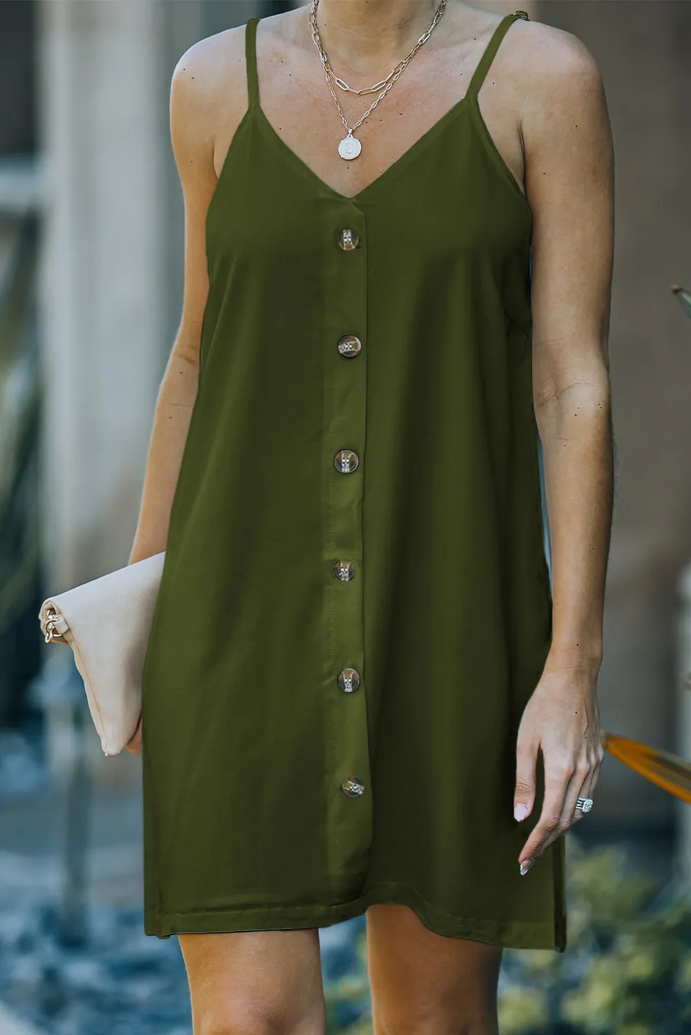 Button-Down Mini Slip Dress with Spaghetti Straps