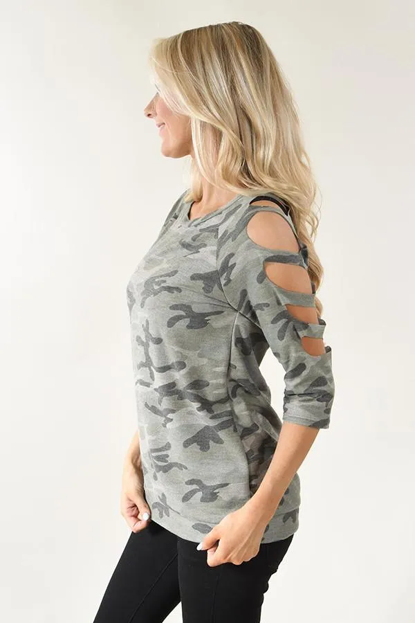 Camo Cut Out Sleeve Top