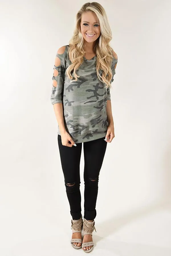 Camo Cut Out Sleeve Top