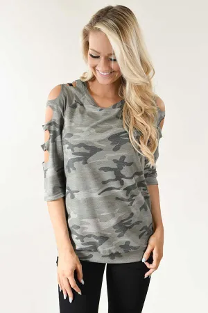 Camo Cut Out Sleeve Top