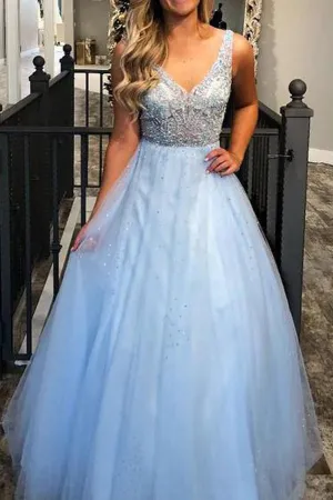 Charming Beaded Ball Dresses Sky Blue V-neck Junior Prom Dress, MP439