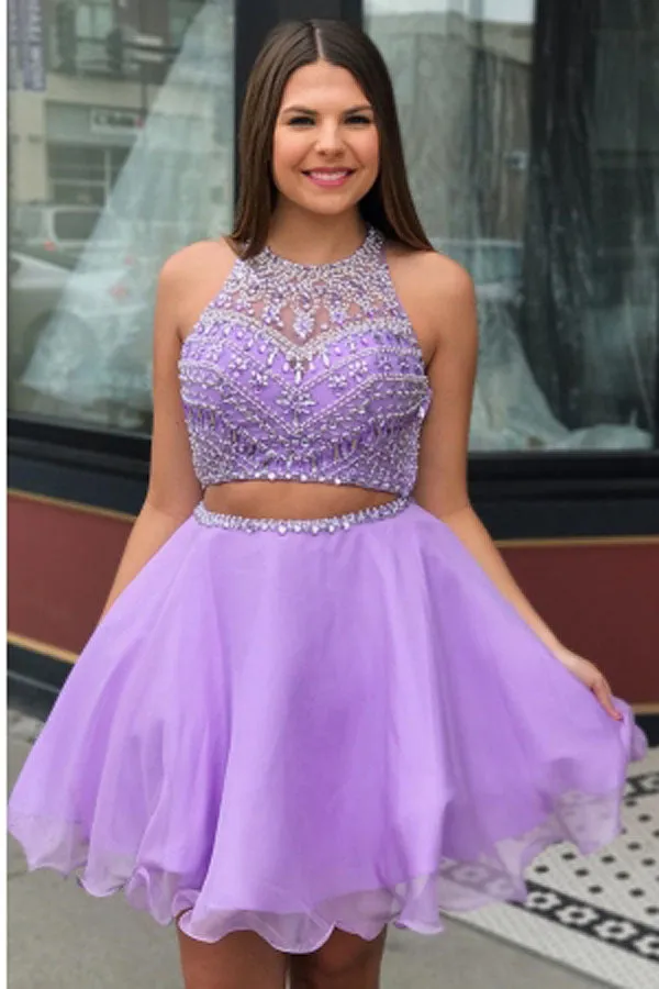 Cheap Short Beadings Purple A-line Homecoming Dresses,MH443