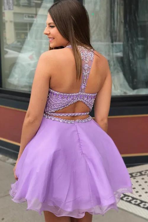 Cheap Short Beadings Purple A-line Homecoming Dresses,MH443