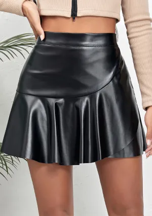 Chic High-Waisted Faux Leather Skirt with Ruffled Hem