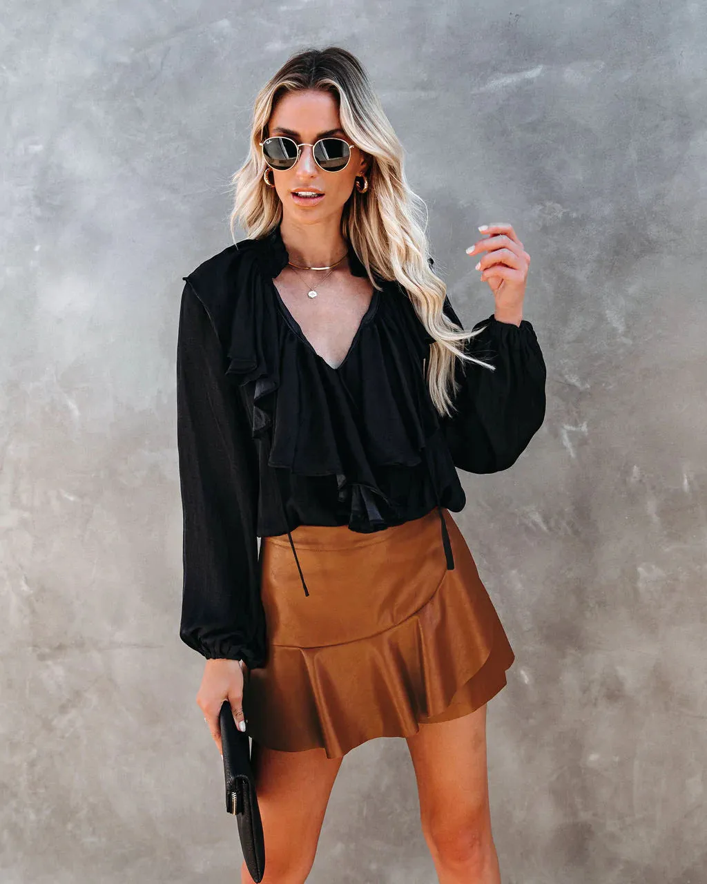 Chic High-Waisted Faux Leather Skirt with Ruffled Hem