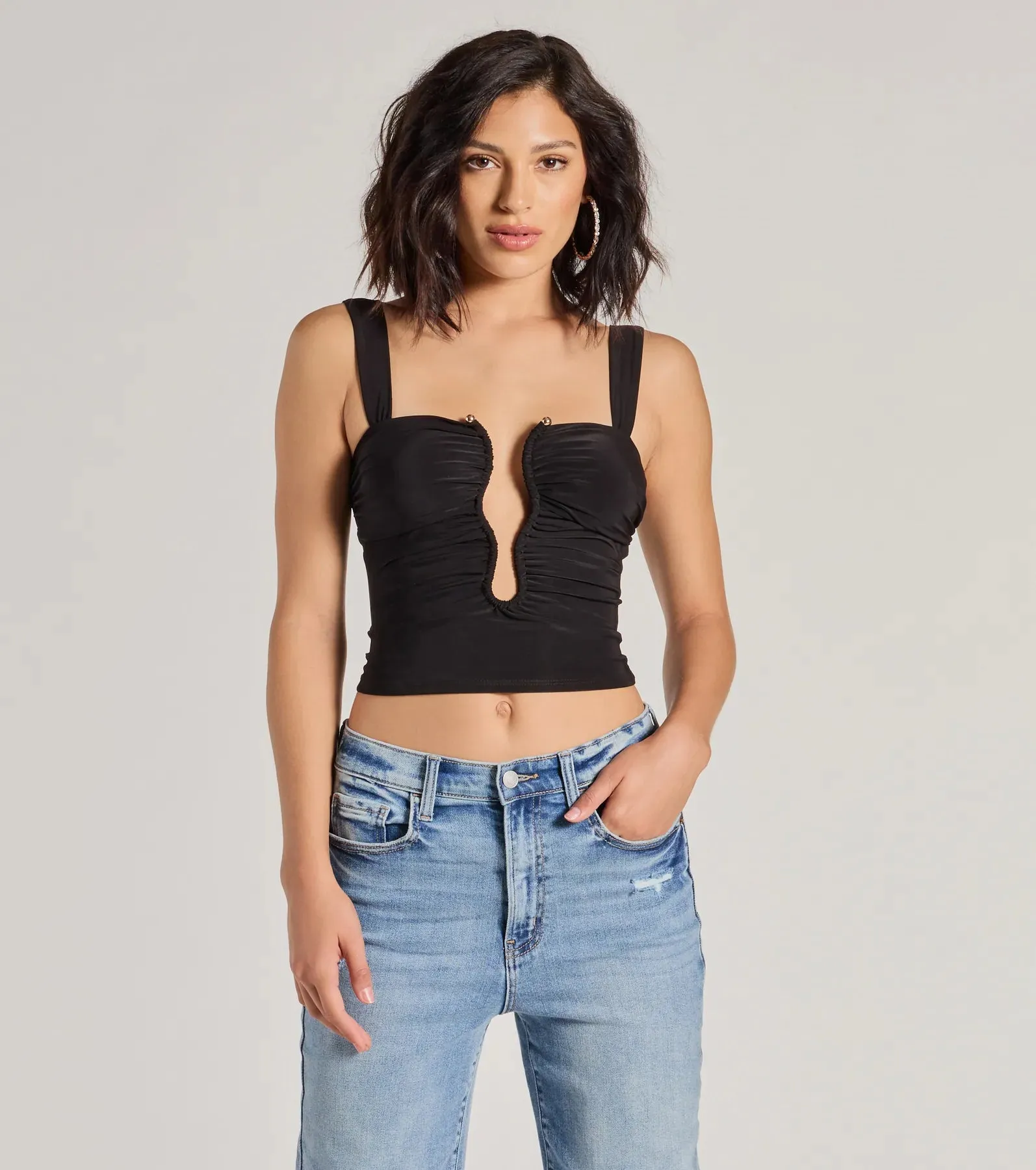 Chic Illusion Plunge Cutout Ruched Tank Top