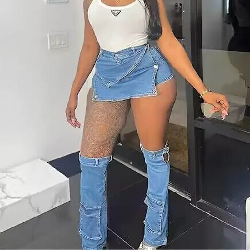 Chic Solid Color Buttoned Elastic Denim Short Skirt for Trendy, Sexy Style