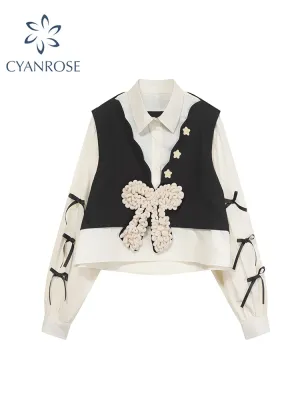 christmas outfit JazzHer Women's Patchwork Shirts and Blouse 90s Y2k Vintage Korean Harajuku 2000s Elegant Fashion Long Sleeve Bow Shirt Top Clothes 2025
