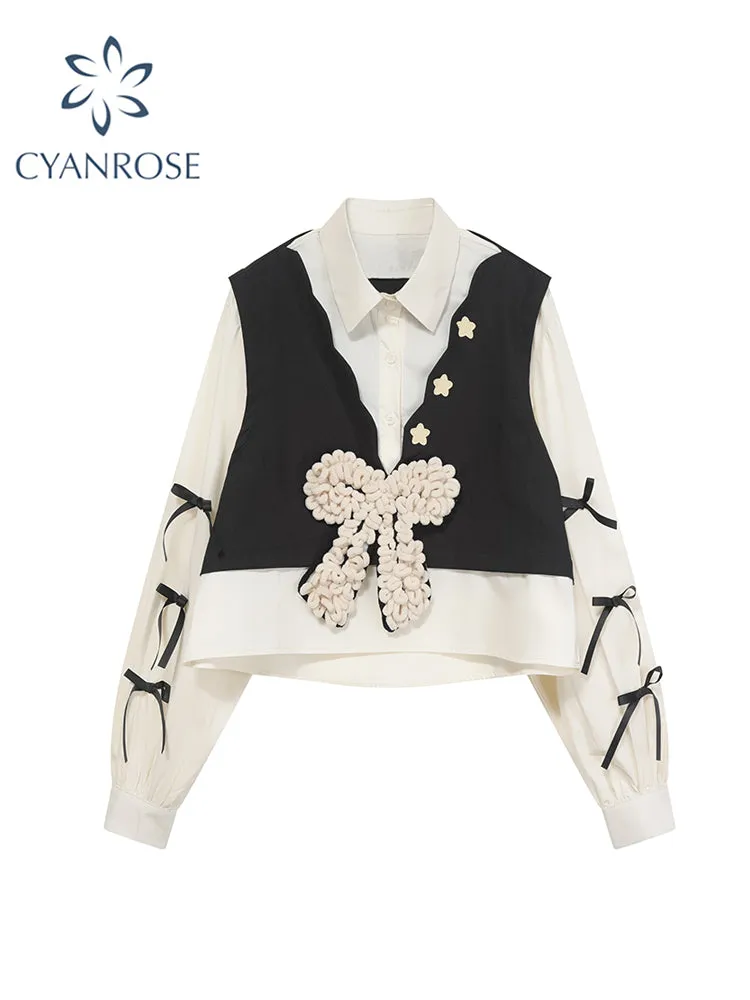 christmas outfit JazzHer Women's Patchwork Shirts and Blouse 90s Y2k Vintage Korean Harajuku 2000s Elegant Fashion Long Sleeve Bow Shirt Top Clothes 2025