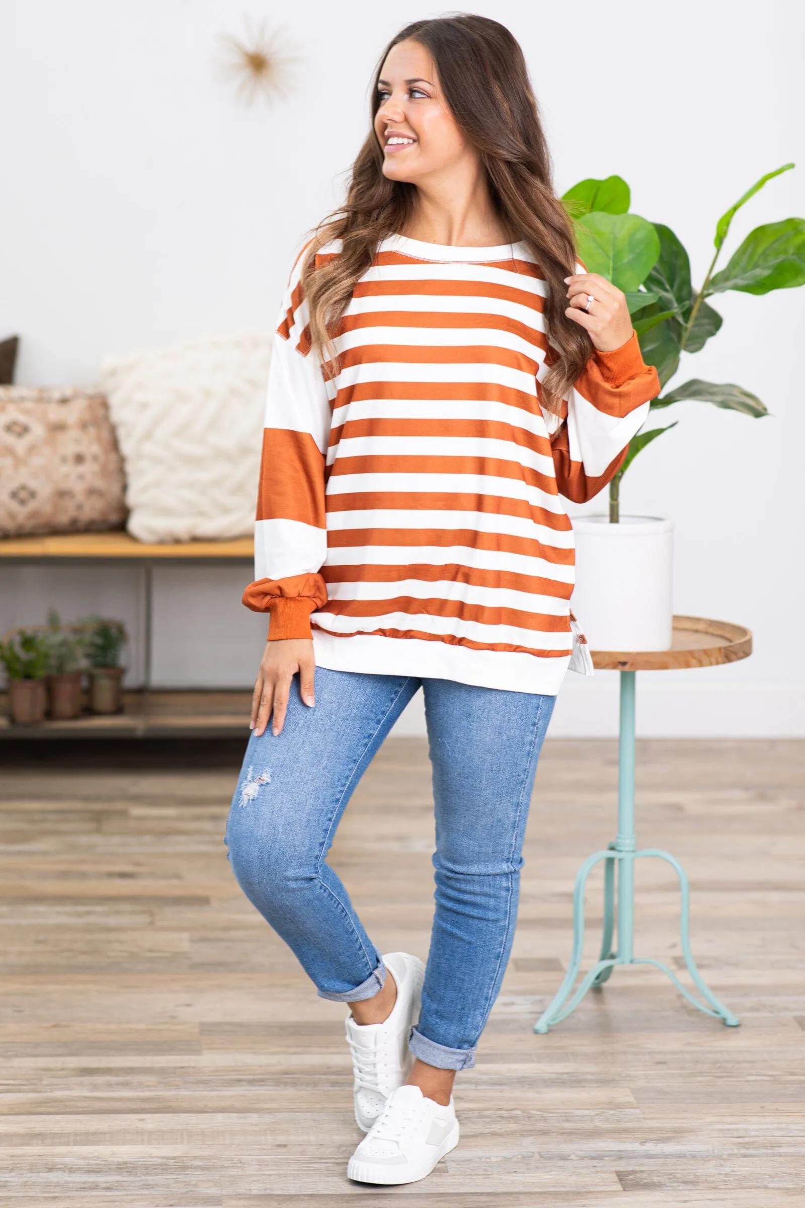 Cinnamon and White Stripe Long Sleeve Top