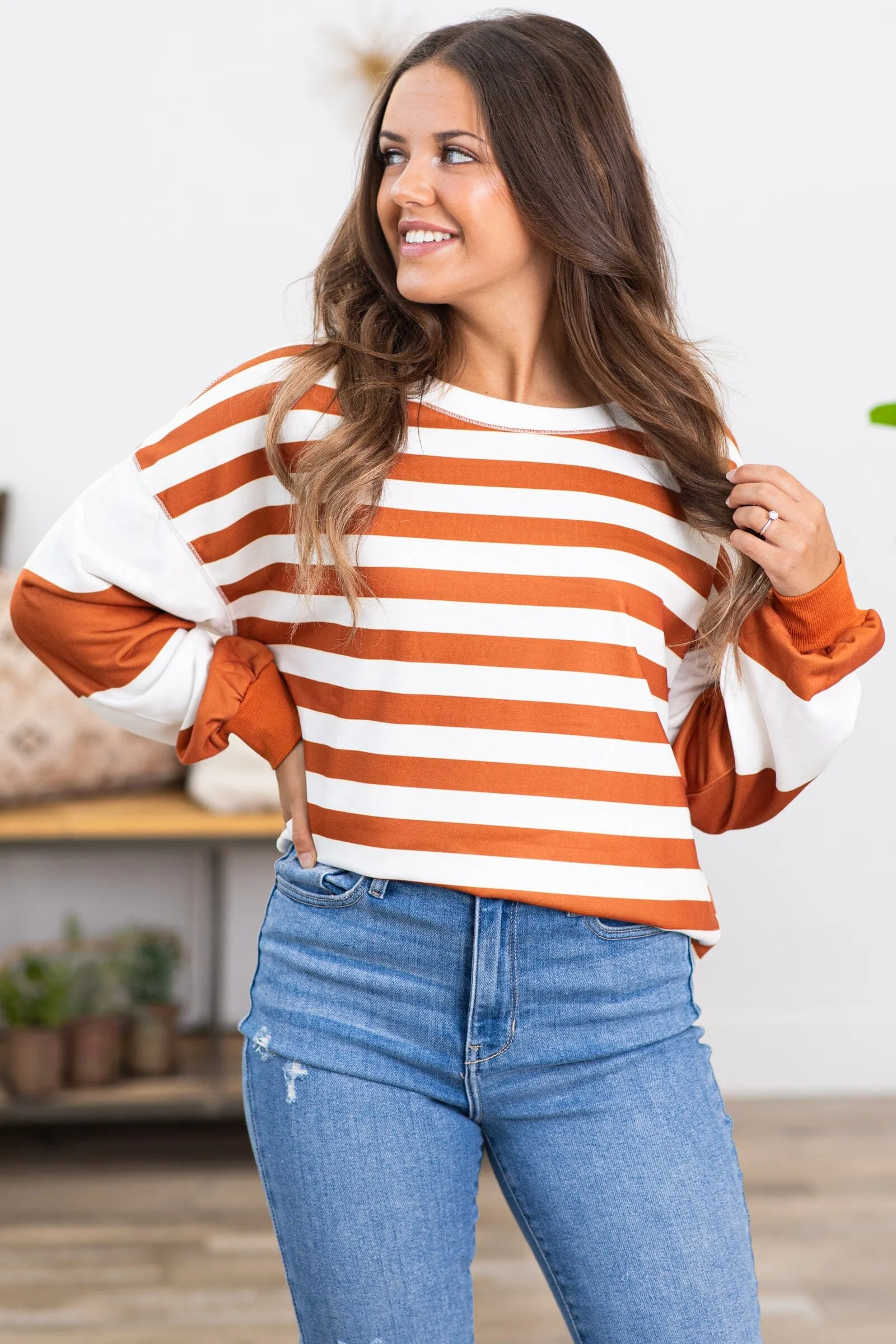 Cinnamon and White Stripe Long Sleeve Top