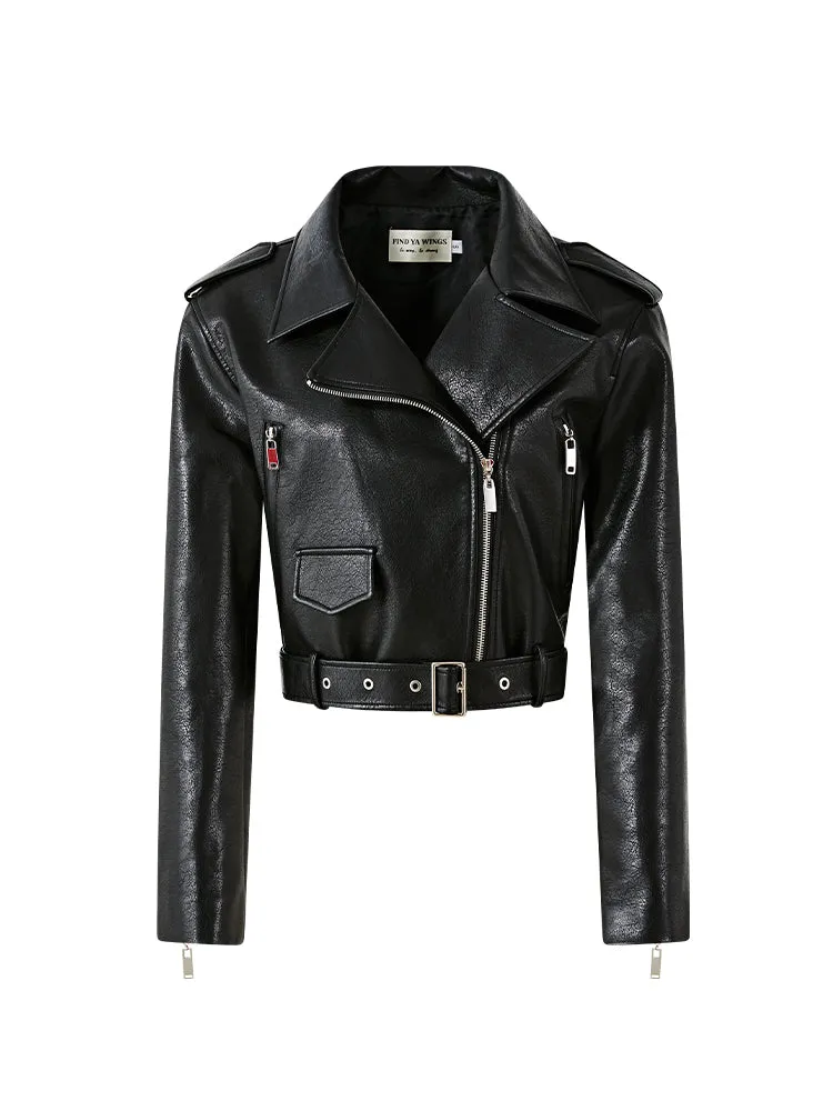 Classic Faux Leather Belted Jacket